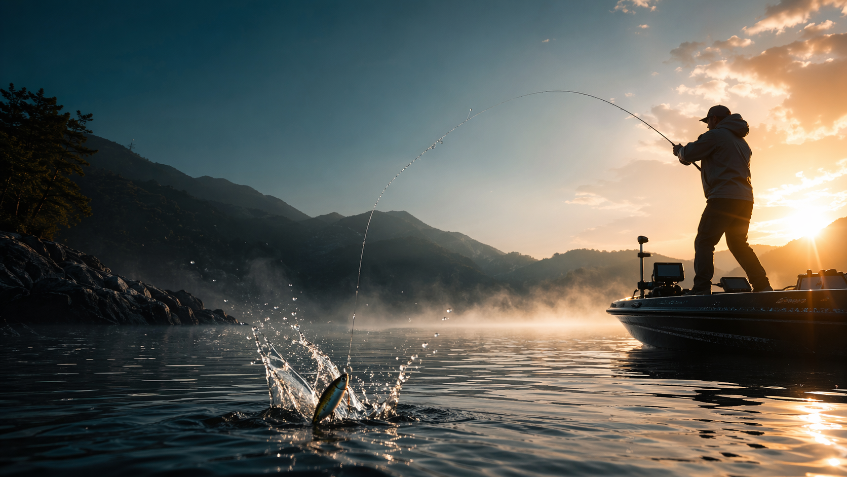 새벽 물안개 위에서 루어 캐스팅 중인 낚시 장면