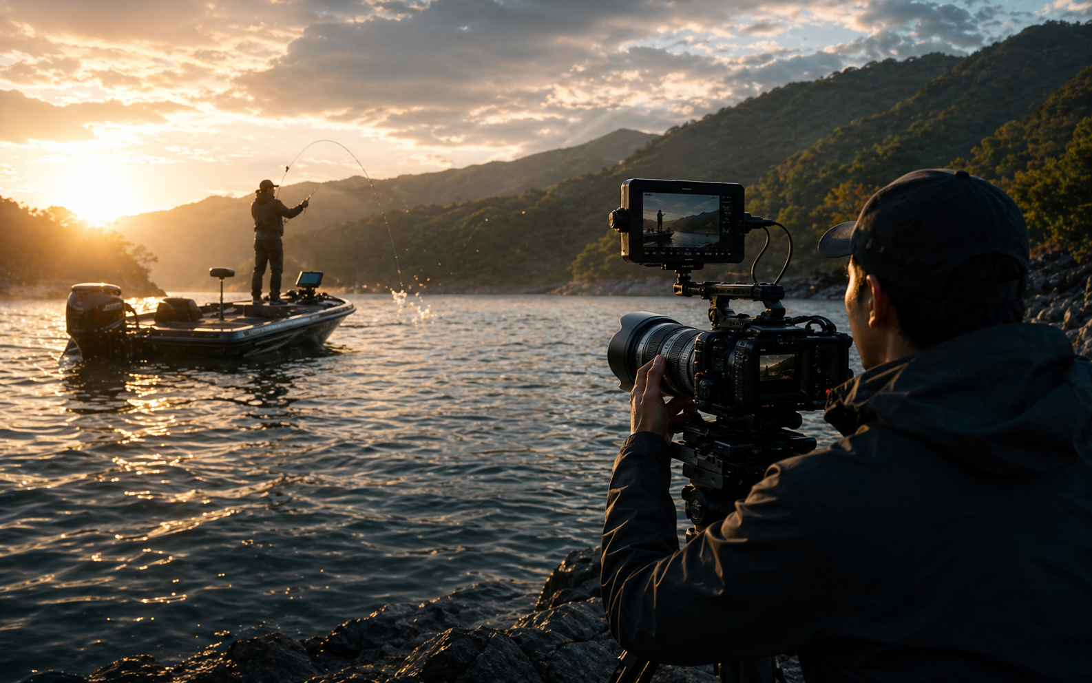낚시 현장을 촬영하는 방송 장비와 카메라 운영 장면