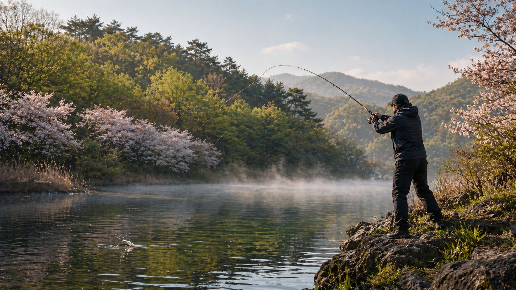 봄철 담수 루어낚시 장면
