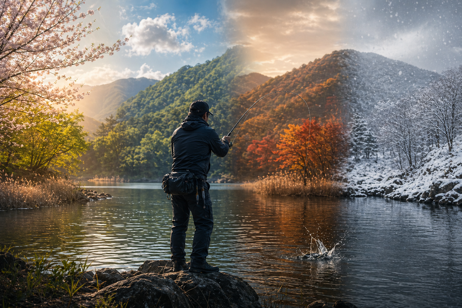 계절별 추천 어종을 상징하는 사계절 낚시 분위기