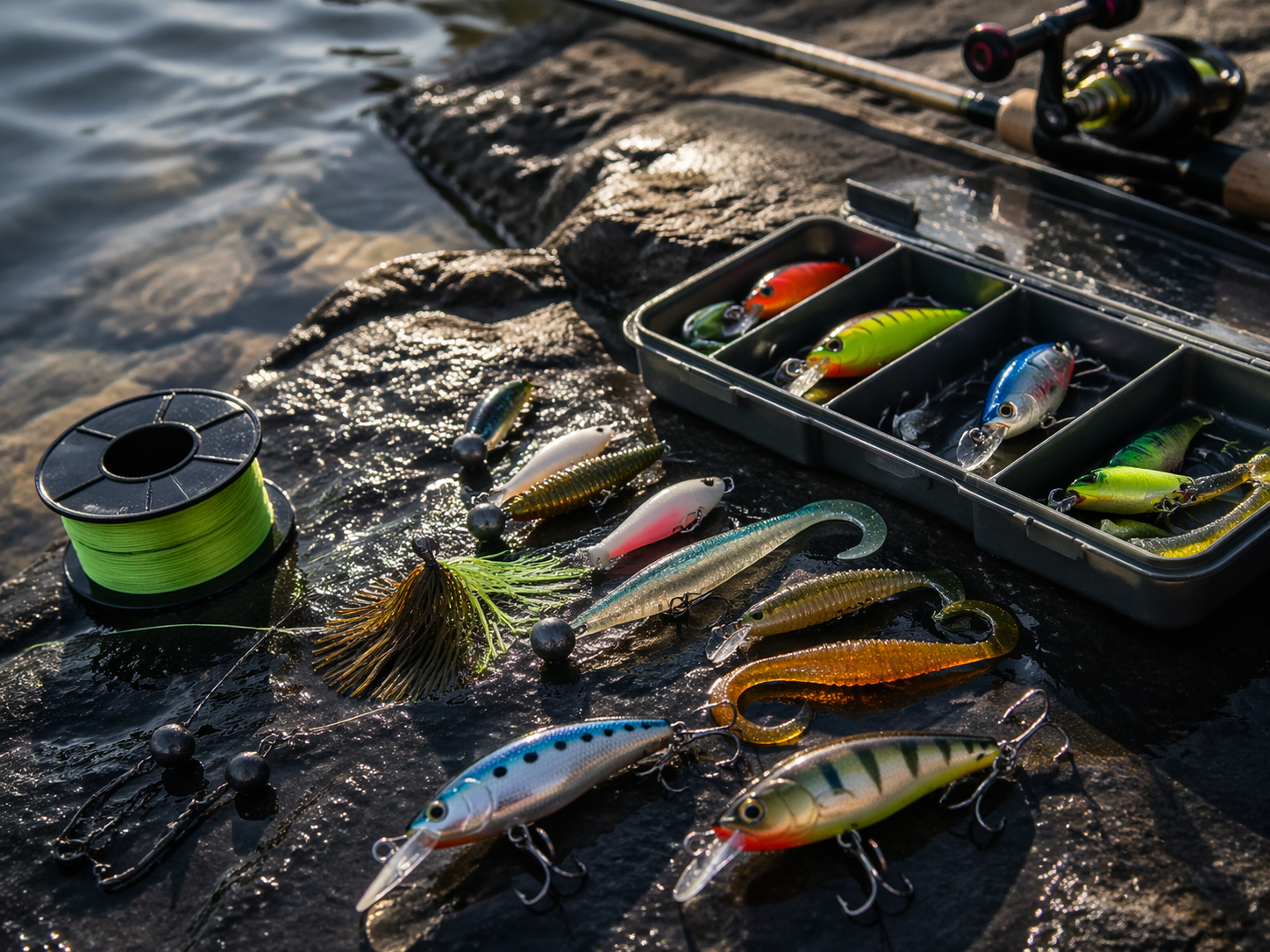 물가 바위 위에 놓인 다양한 루어와 태클