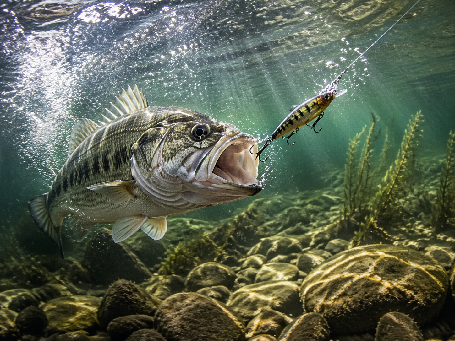 물속에서 루어를 향해 달려드는 물고기